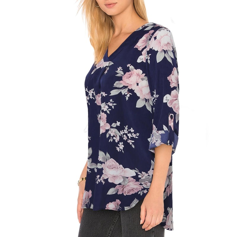 Youtalia Womens Dressy Casual Blouses Loose V Neck 3/4 Sleeve Tops Tunics,Multicolor Blue,XL - Image 2